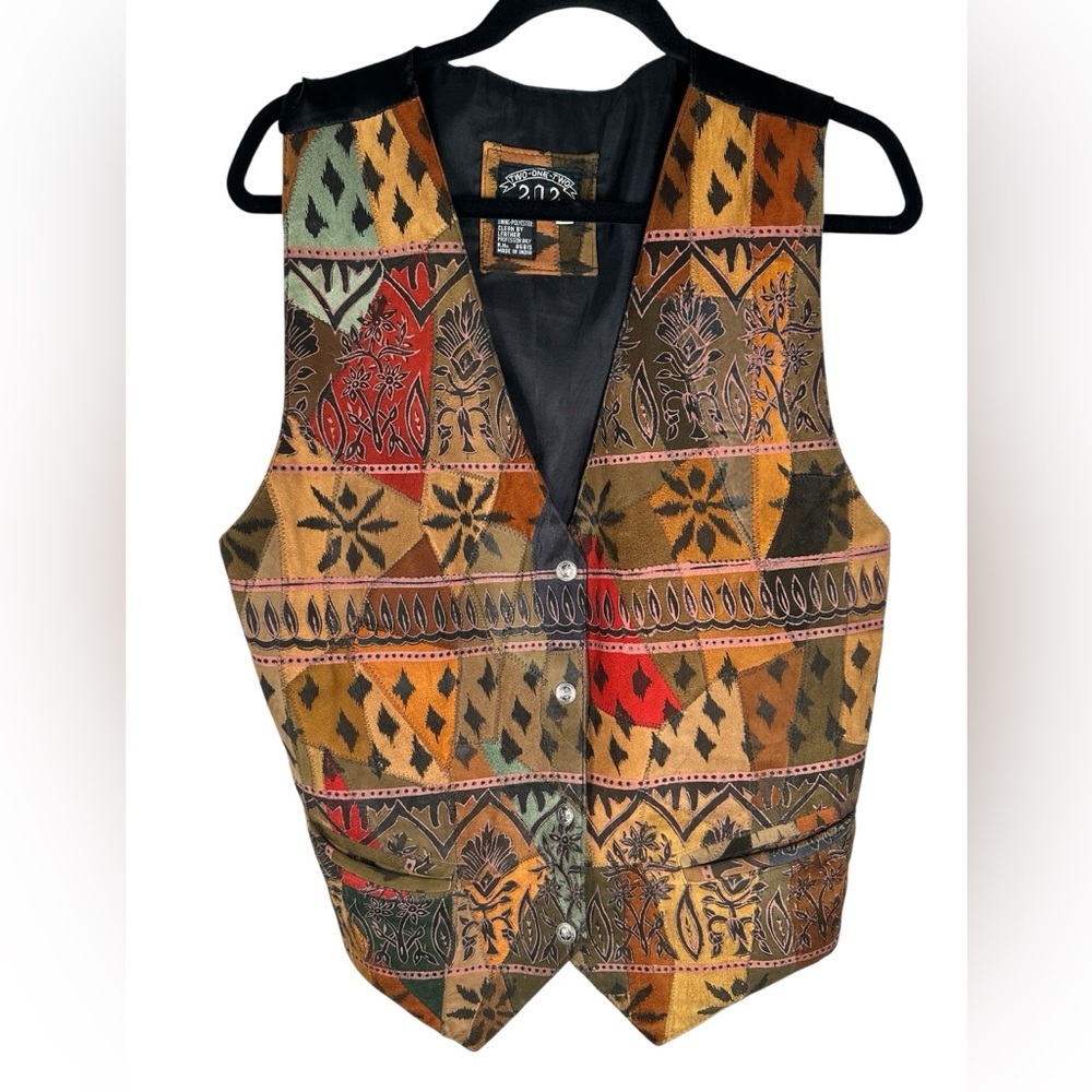 Two One Two 100% Leather Western Rodeo Cowboy Patchwork Festival Vest Size Large